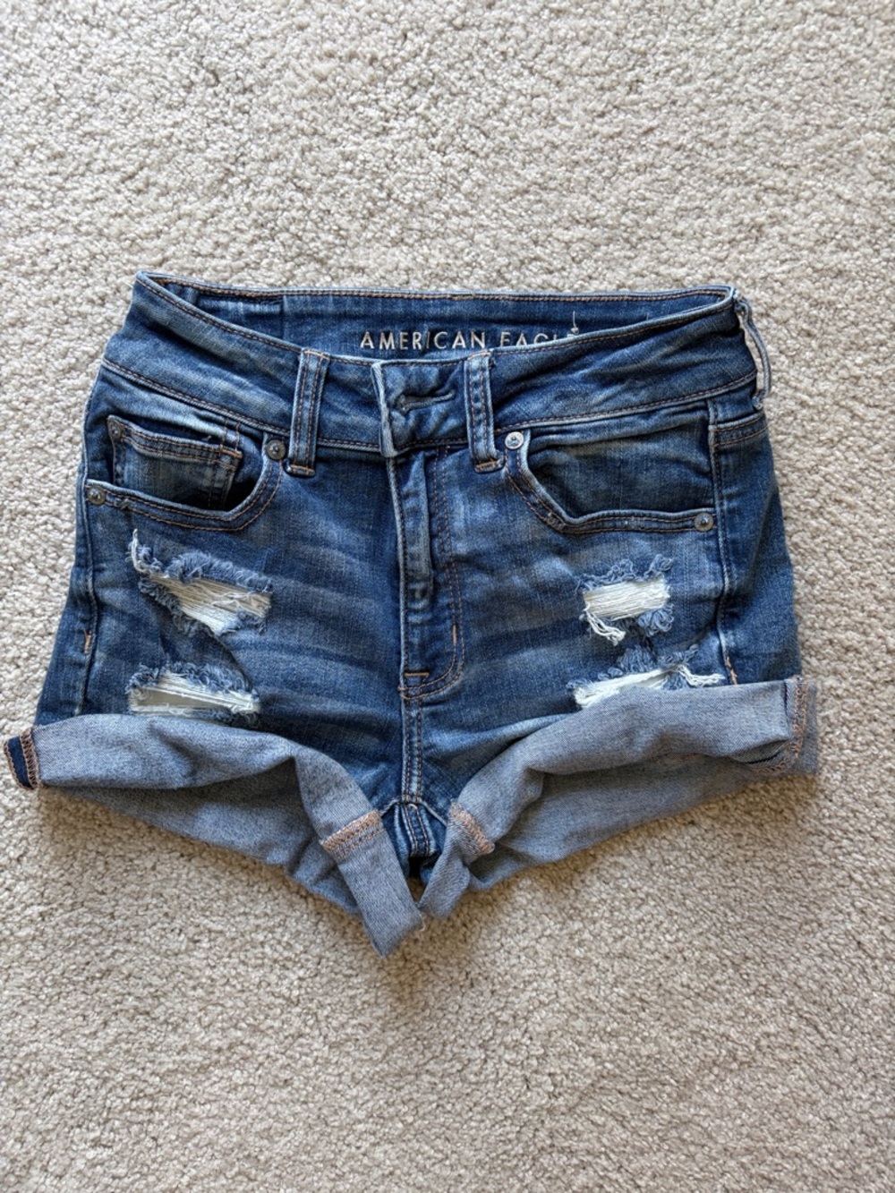American Eagle Outfitters Mid-Blue Distressed Rolled Hem Jean Shorts
